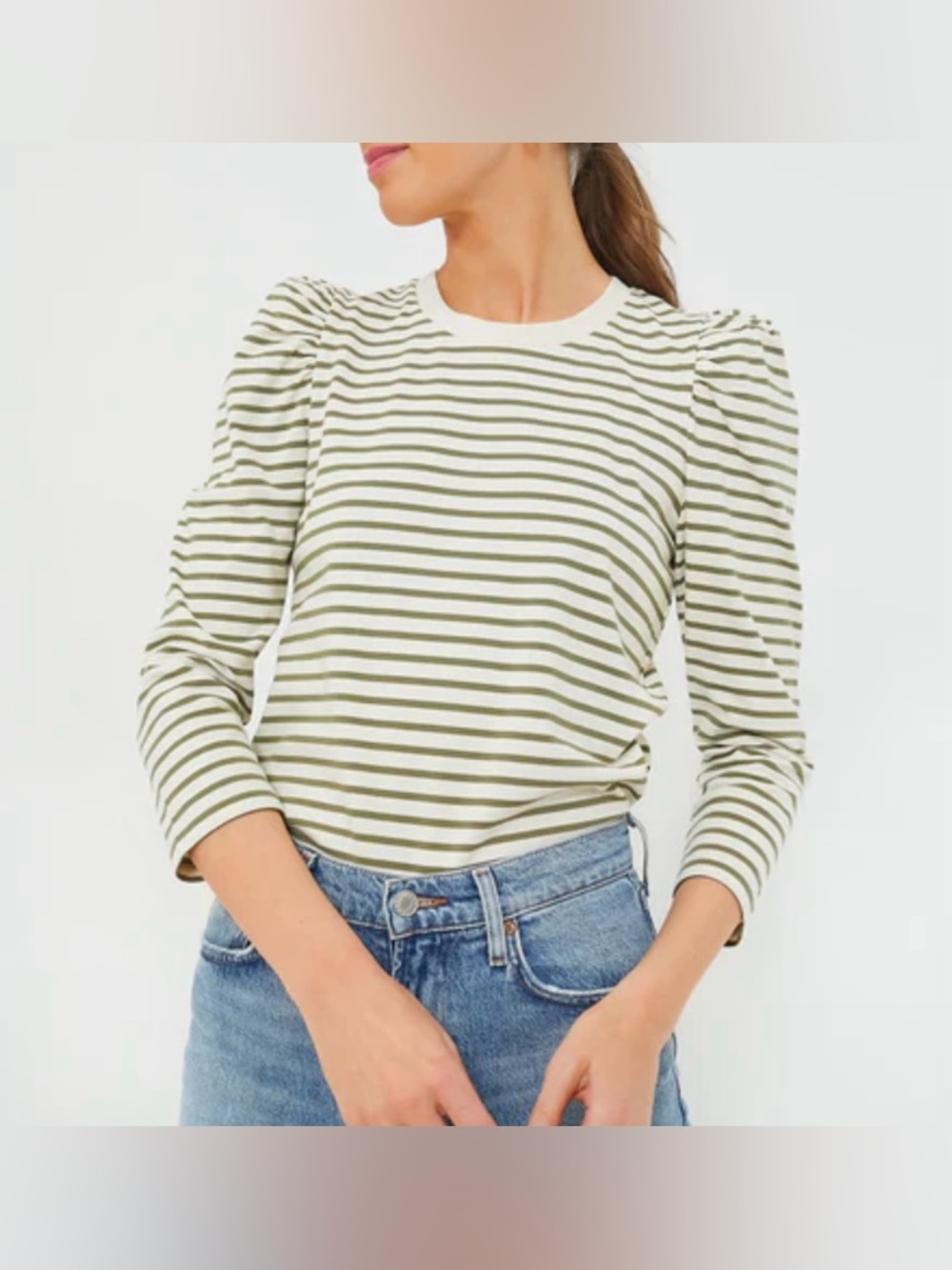 Pomander Place Gray & Cream Striped Puff 3/4 Sleeve Top - Size L